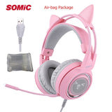 SOMIC G951 USB 7.1 Headset Surround Sound Gaming Headphone Bass Casque with Cat Ear Mic vibration for PC Notebook Pink kids Girl