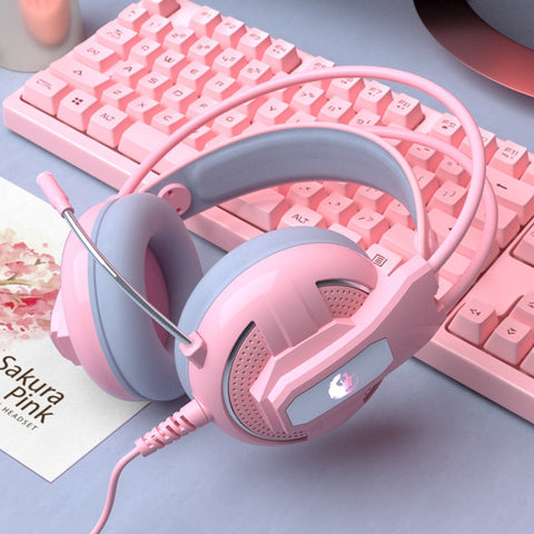 Yulass Gaming Headphones Wired Girl Pink Stereo Large Headphone Noise Canceling Headphone With microphone
