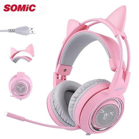 SOMIC G951 USB 7.1 Headset Surround Sound Gaming Headphone Bass Casque with Cat Ear Mic vibration for PC Notebook Pink kids Girl